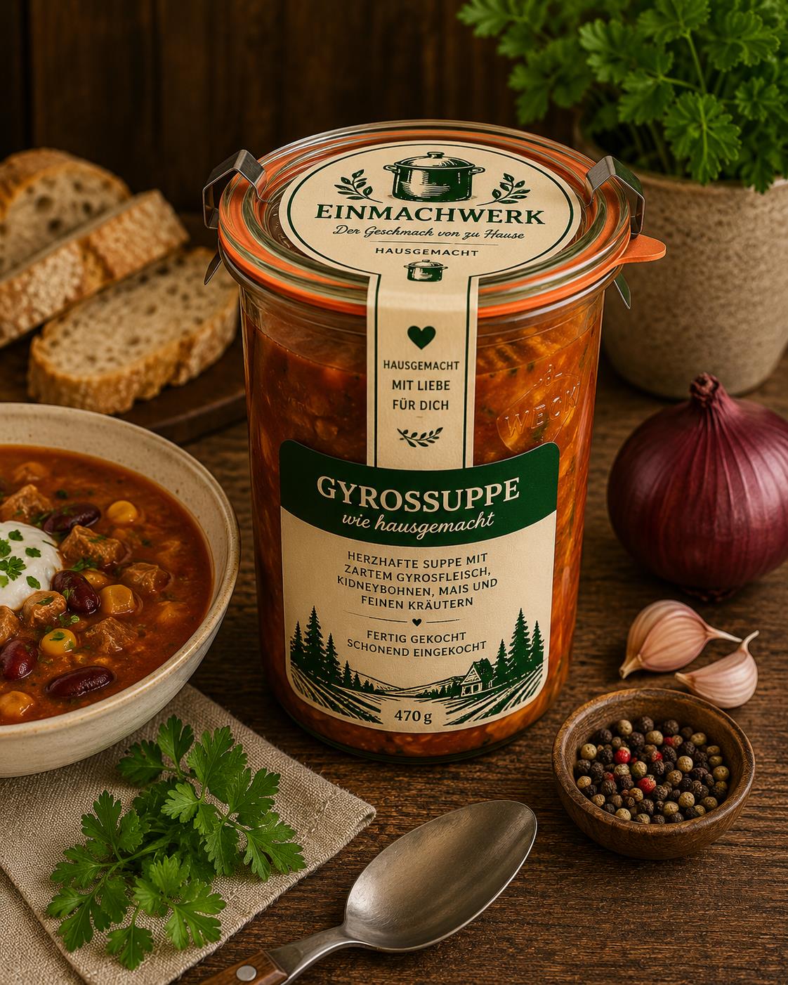 Einmachwerk Gyrossuppe im Weckglas